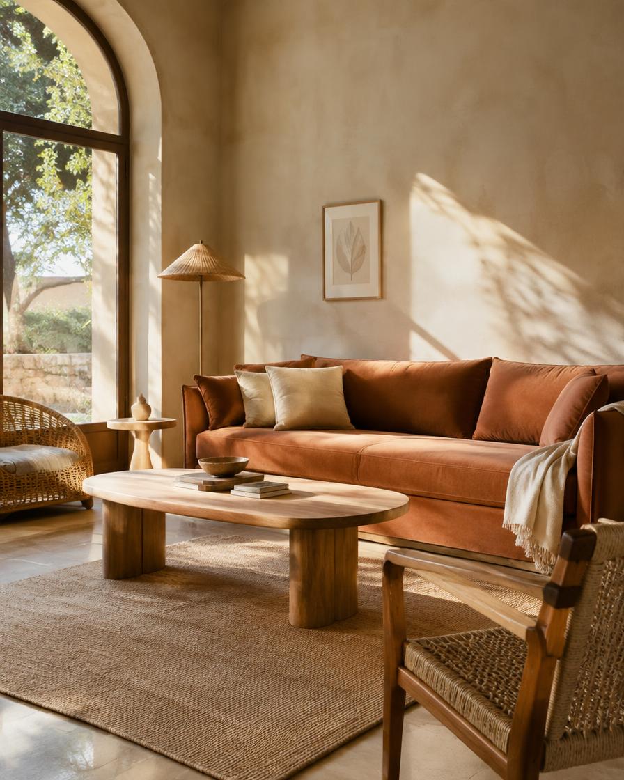 A bright living room with a sofa, armchair and natural wood furniture